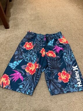 Hurley Navy Floral Boys' Swim Shorts with Bright Hibiscus